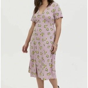 Torrid Midi Dress Size 1X Mauve Pink Lemon Novelty Print Challis Button Front